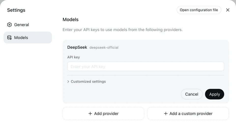 DeepSeek Harness upstream interface — Providers and Models list, MIT-licensed